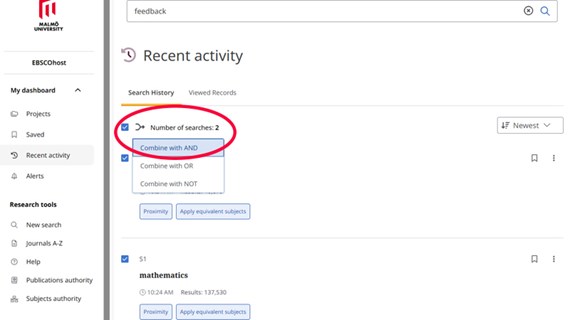 Ebsco, kombinera sökningar