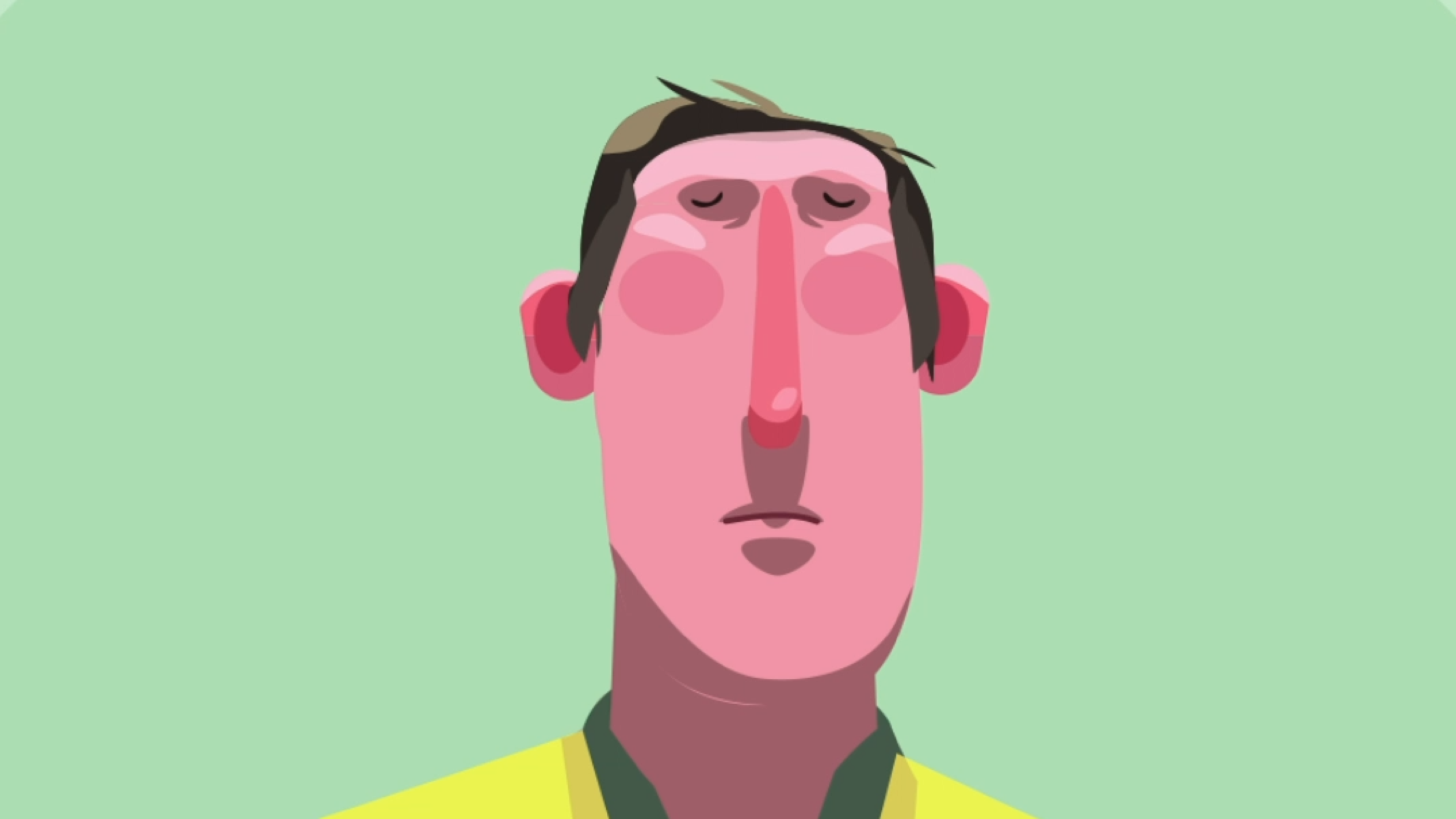 Grön bakgrund, illustrerad person står och blundar.