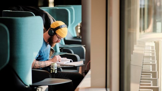 Student studerar framför fönster.