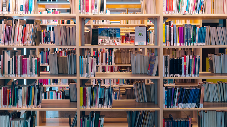 Bokhylla med böcker i bibliotek