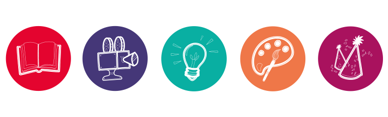 Runda cirklar i olika färger med symboler för de olika koncepten: bok, projektor, glödlampa, färgpalett, partyhatt
